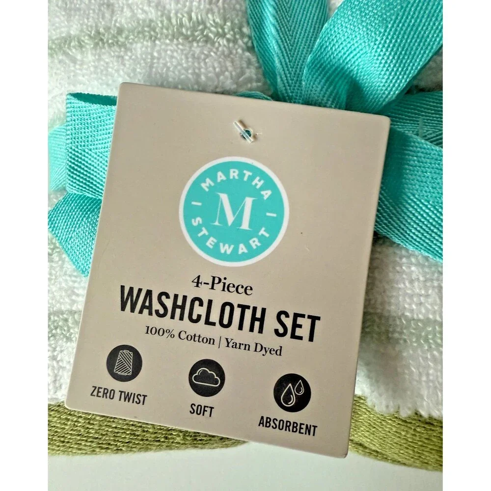 Martha Stewart Facecloths Washcloths White Green Blue Stripe 13x13
